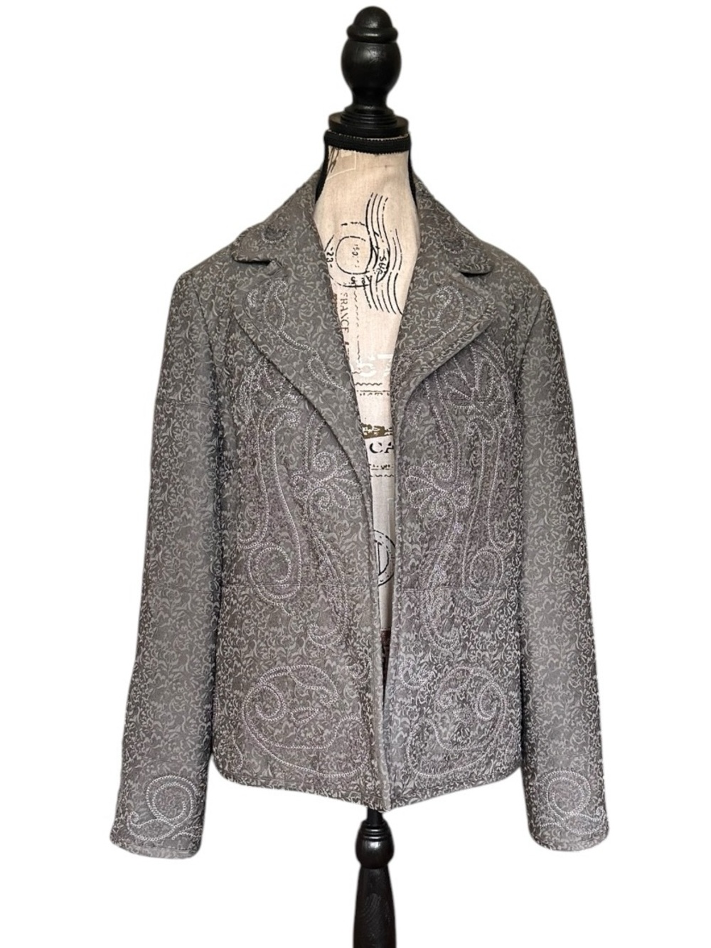 Linda Allard Ellen Tracy Embellished Floral Jacquard Blazer  12 Silk Wool Gray